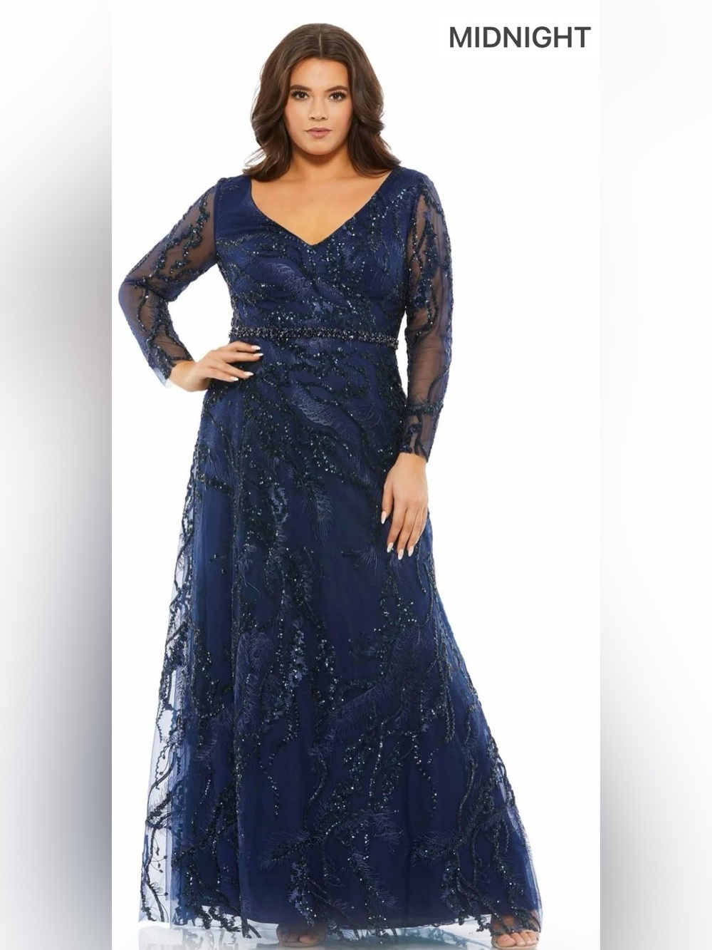Mac Duggal Midnight Navy Long Sleeve Beaded Evening Gown